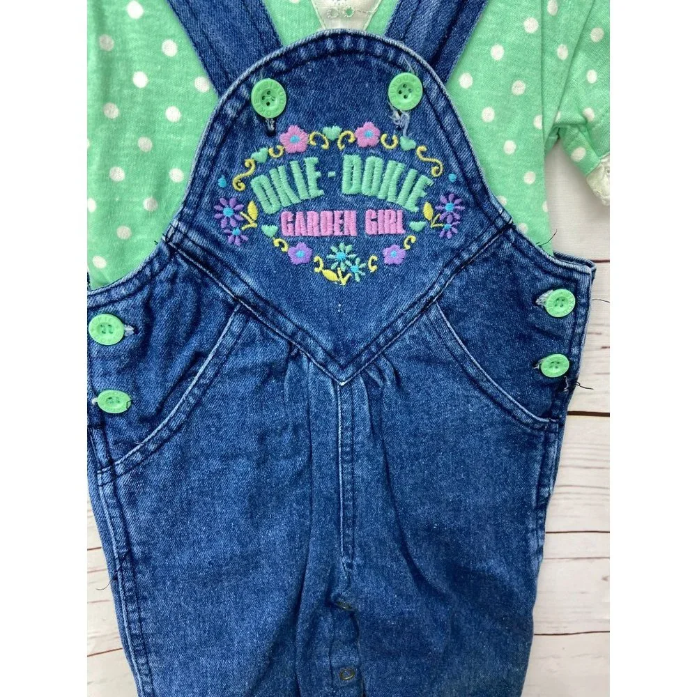 Okie‎ Dokie Garden Girl Blue Jeans Overalls With Green Polka Dotted Shirt Outfit